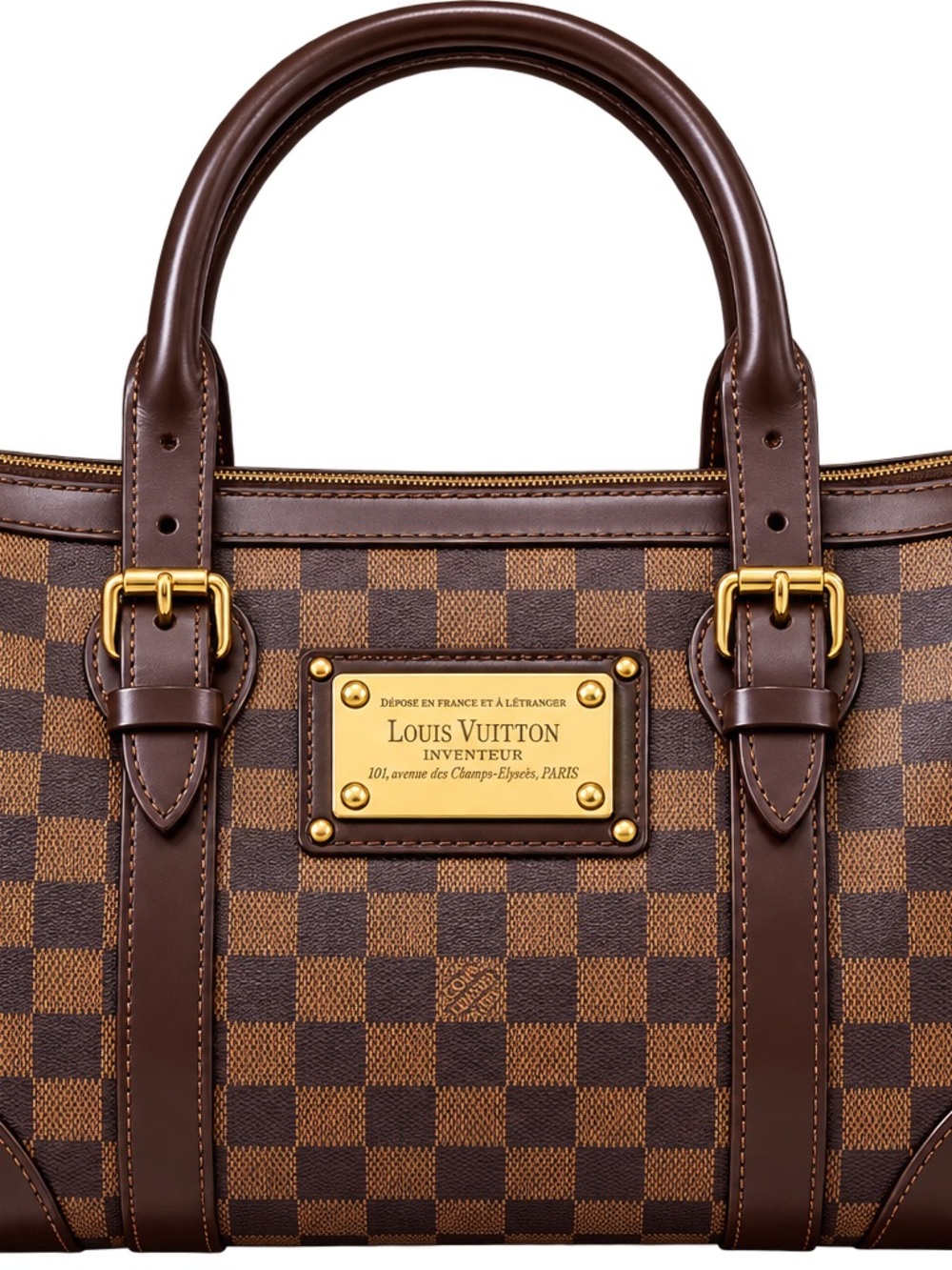 Louis Vuitton Berkeley Brown Damier Ebene Leather Satchel with Gold Plaque Purse - Picture 1 of 6
